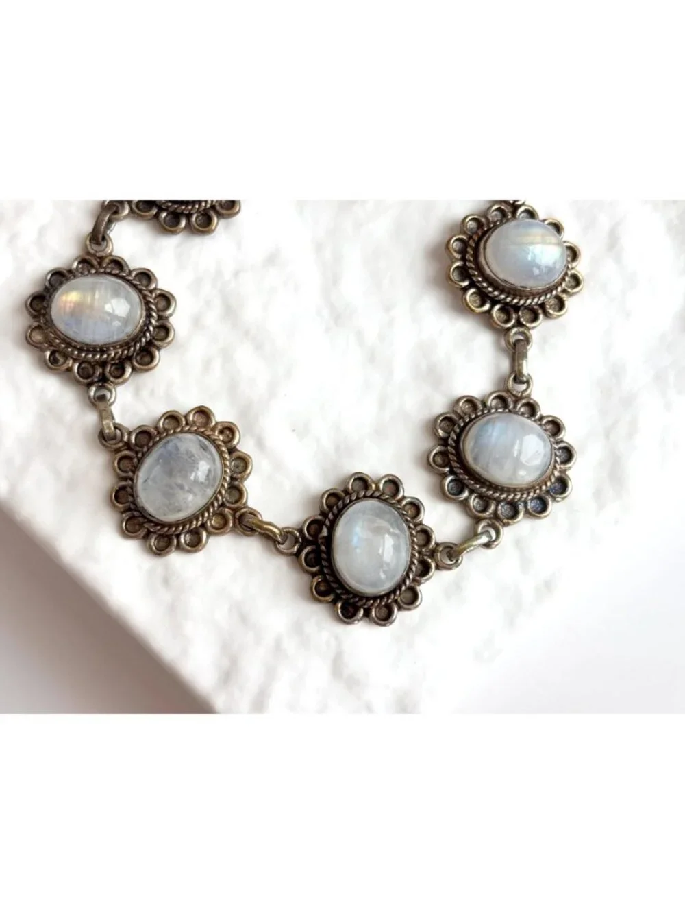 Iridescent Moonstone Vermeil Floral Sterling Silver 925 Vintage Bracelet